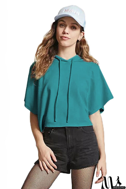 MidiSono - Solid Drawstring Hooded Sweatshirt With Short Sleeves