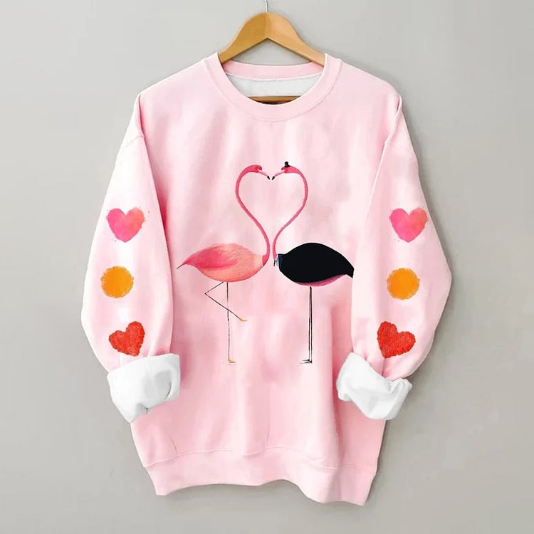 Comstylish Flamingo Valentine's Day Love Print Long Sleeve Sweatshirt