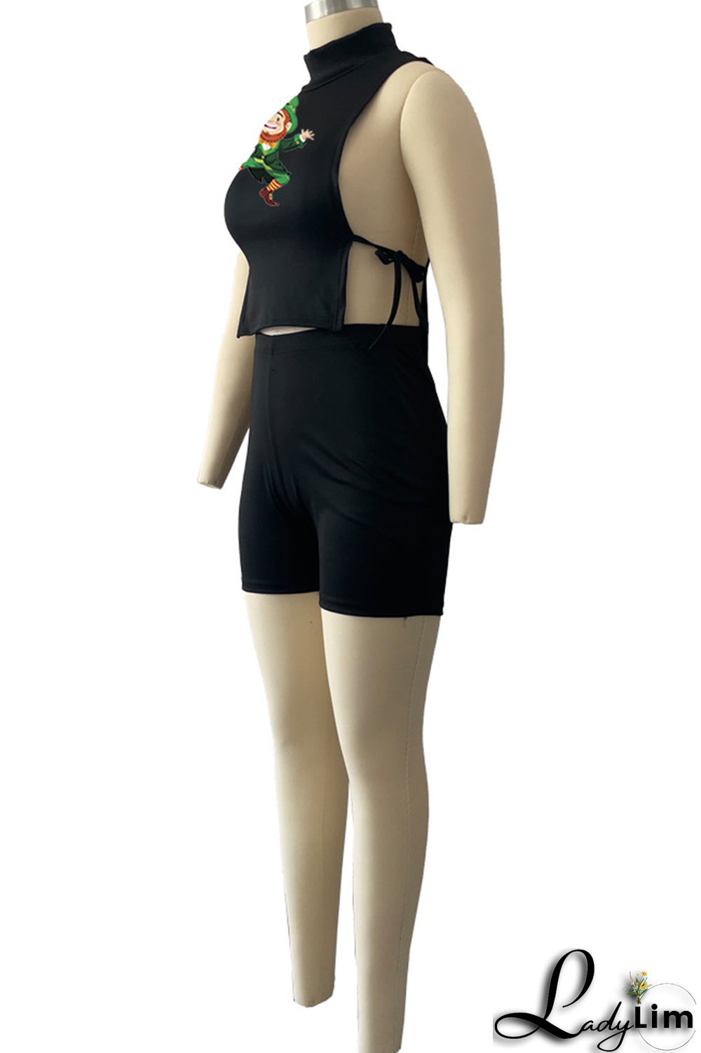 Black Fashion Print Split Joint Turtleneck Sleeveless Two Pieces