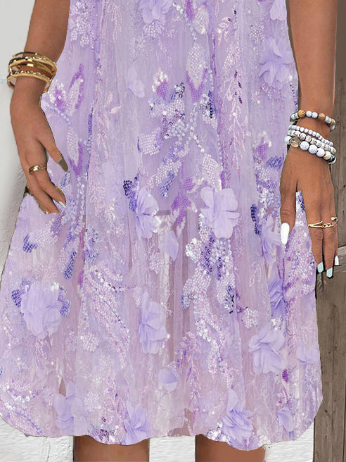 Women's Short Sleeve V-neck Floral Printed Lace Stitching Midi Dress