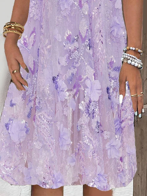 Women's Short Sleeve V-neck Floral Printed Lace Stitching Midi Dress