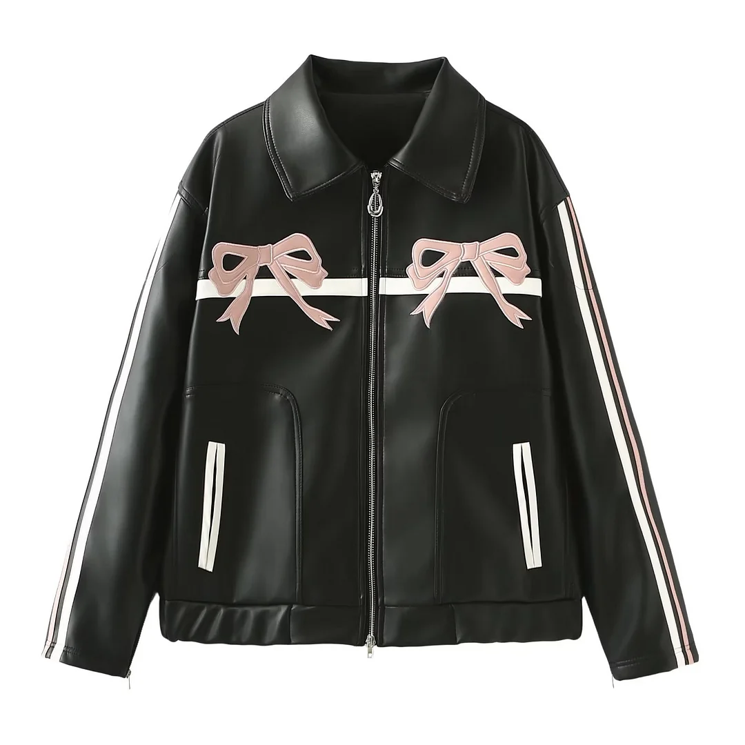 Toloer 2024 Winter New Women's Sweet Cool Bow Embroidered Leather Jacket Coat W034 23215-Outfit Ideas