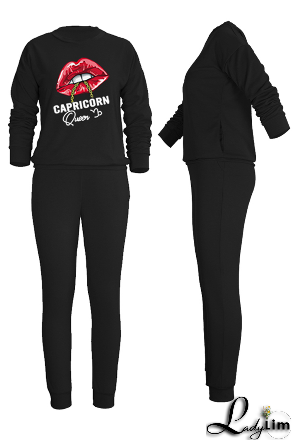 Yellow Fashion Lips Printed Patchwork O Neck Long Sleeve Two Pieces