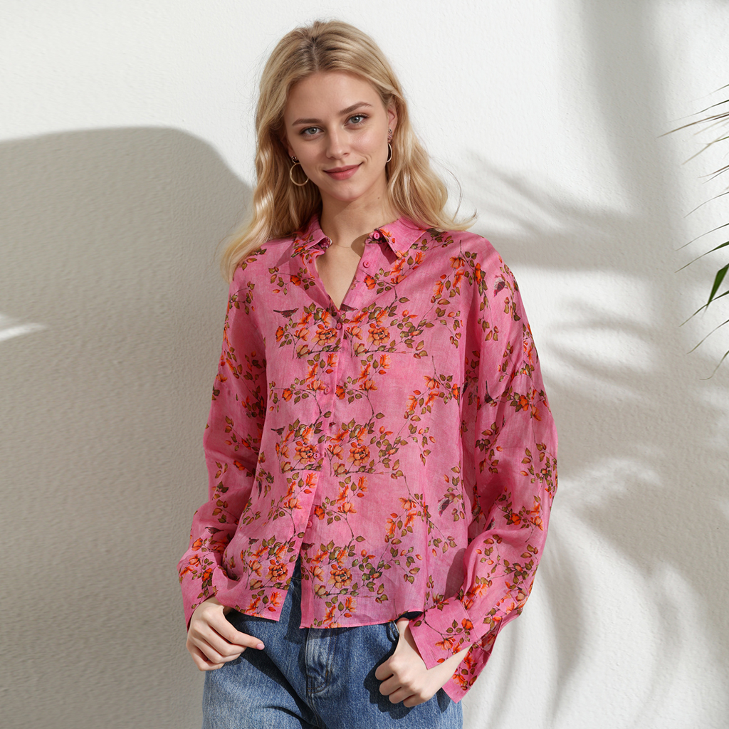 Ramie Shirt Women's Long-sleeved Color Retro Lapel REAL SILK LIFE