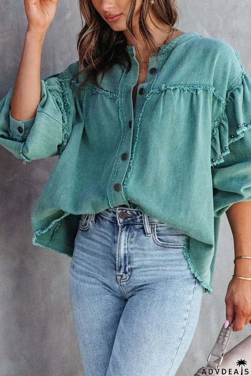 Fashion Long Sleeve Solid Color Denim Coat