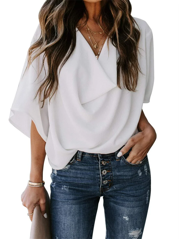 Europe and The United States Chiffon Solid Color Shirt Loose V-neck Flared Sleeves Casual Shirt T-shirt Women-Cosfine