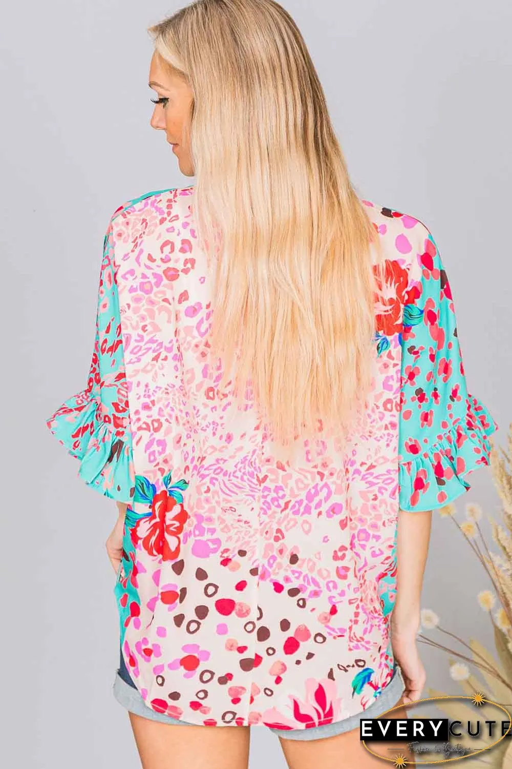 Multicolor Leopard Floral Mixed Print Ruffle Sleeve Surplice Blouse