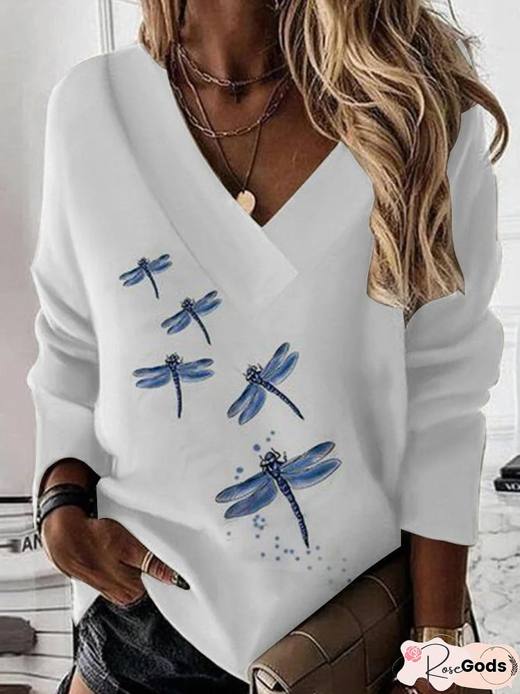 Casual Dragonfly Print V-Neck Long Sleeve Knit Sweatshirt