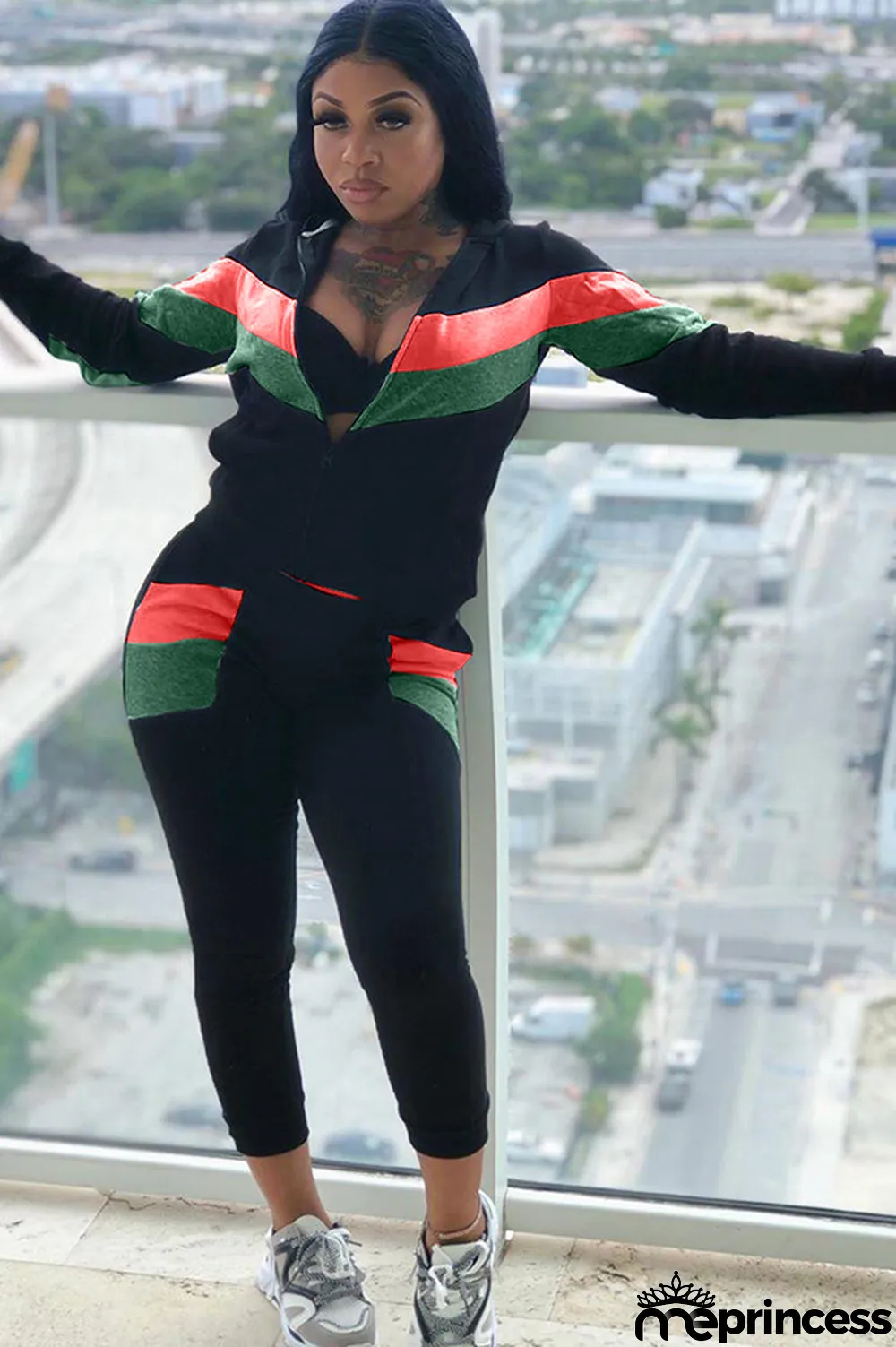 Blue Polyester Casual Two Piece Suits Patchwork Striped Straight Long Sleeve Two-piece Pants Set