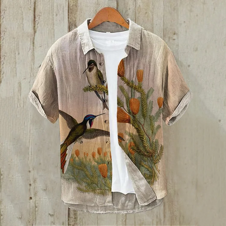 Wearshes Men'S Vintage Floral Bird Art Printed Hawaiian Beach Shirt