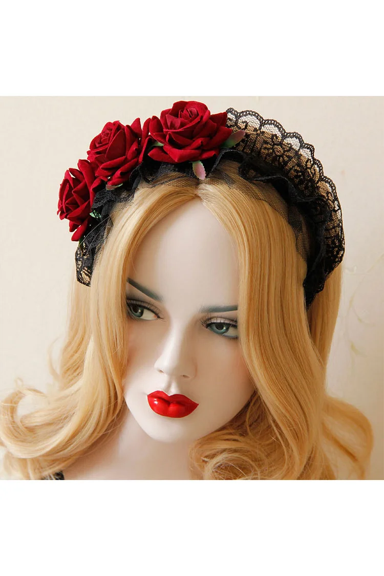 Gothic Red Halloween Lace Manual Roses Decoration Headdress