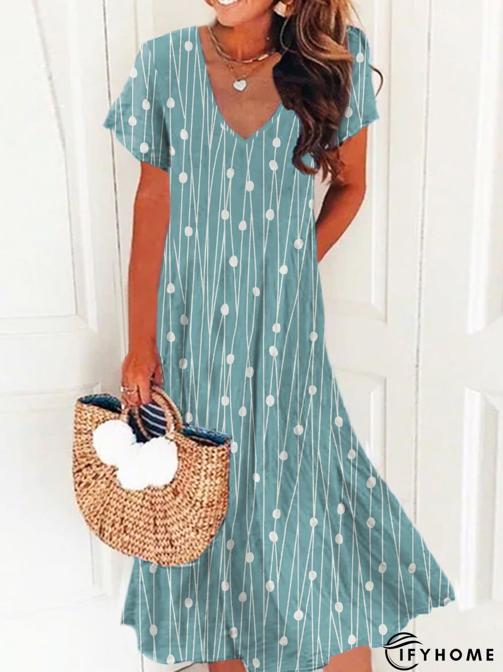Polka Dots Short Sleeve V Neck Casual Dresses | IFYHOME