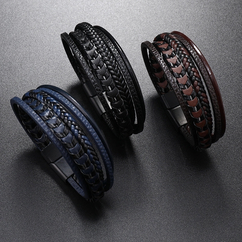 Hot Fashion Jewelry Men's Multi-Layer Leather Rope Braided Bracelet Leather Rope Bracelet Alloy Magnetic Buckle Bangle