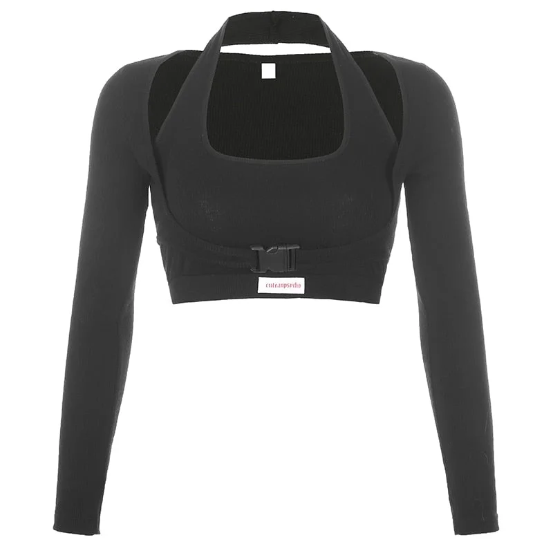 HEYounGIRL Two Pieces Fitness Cropped T-shirt Casual Long Sleeve Cotton Tshirt Women Buckle Up Skinny Crop Top T Shirt Autumn