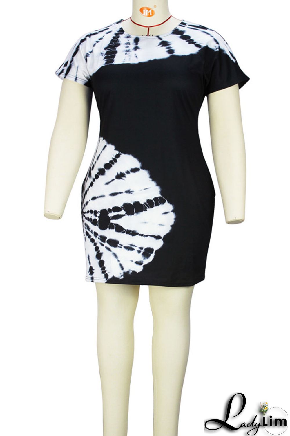 Black White Casual Print Patchwork O Neck One Step Skirt Plus Size Dresses