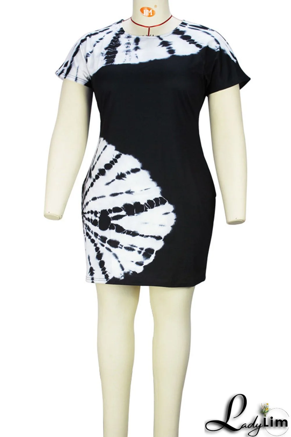 Black White Casual Print Patchwork O Neck One Step Skirt Plus Size Dresses