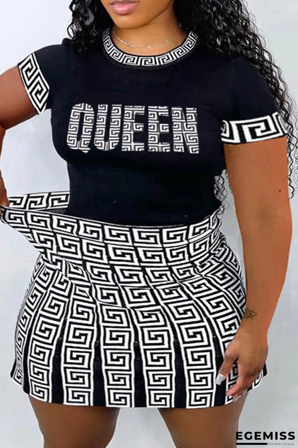 White Black Fashion Casual Letter Print Patchwork O Neck Plus Size Two Pieces | EGEMISS