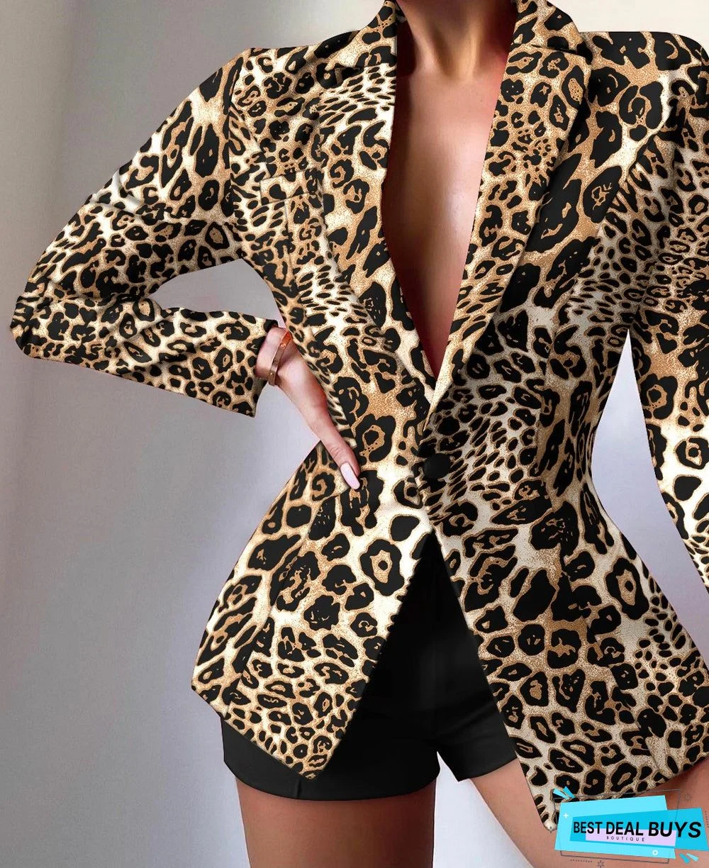 Leopard Print Lapel Collar Single Button Tailored Blazer