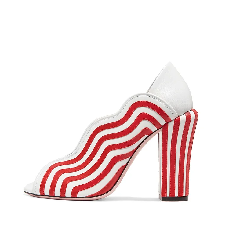 Red Chunky Heel Peep Toe Pumps with White Stripes. Vdcoo
