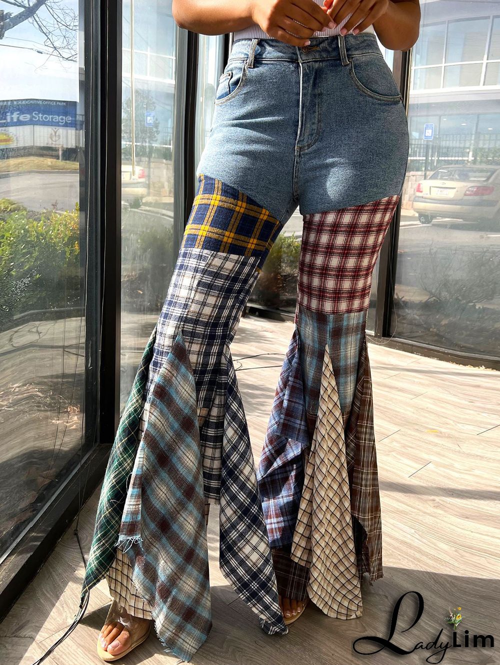 Fashion Plaid Patchwork Denim High Waisted Flared Pants