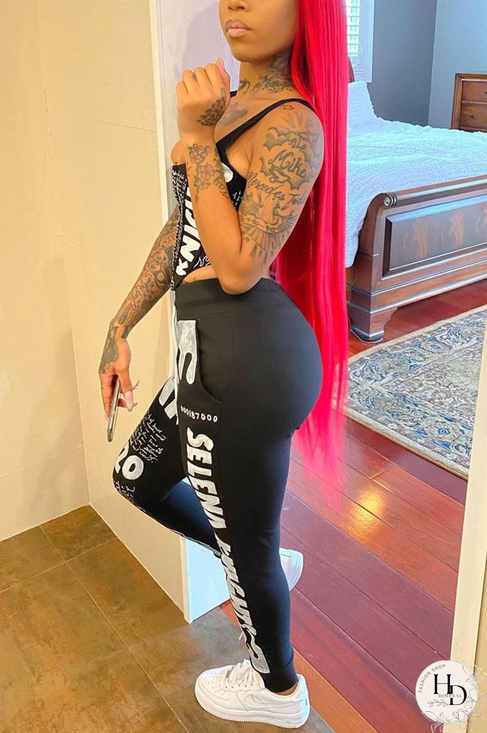 Black Fashion Casual Print Mid Waist Trousers