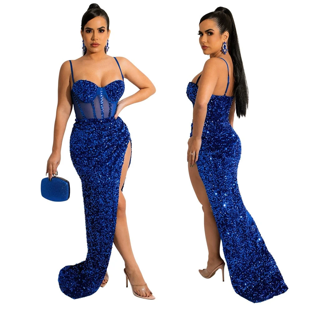 Sexy Sequin Sheer Mesh Strapless Backless Party Club Maxi Long Dress Women Elegant Vneck High Split Evening Floor Length Dresses