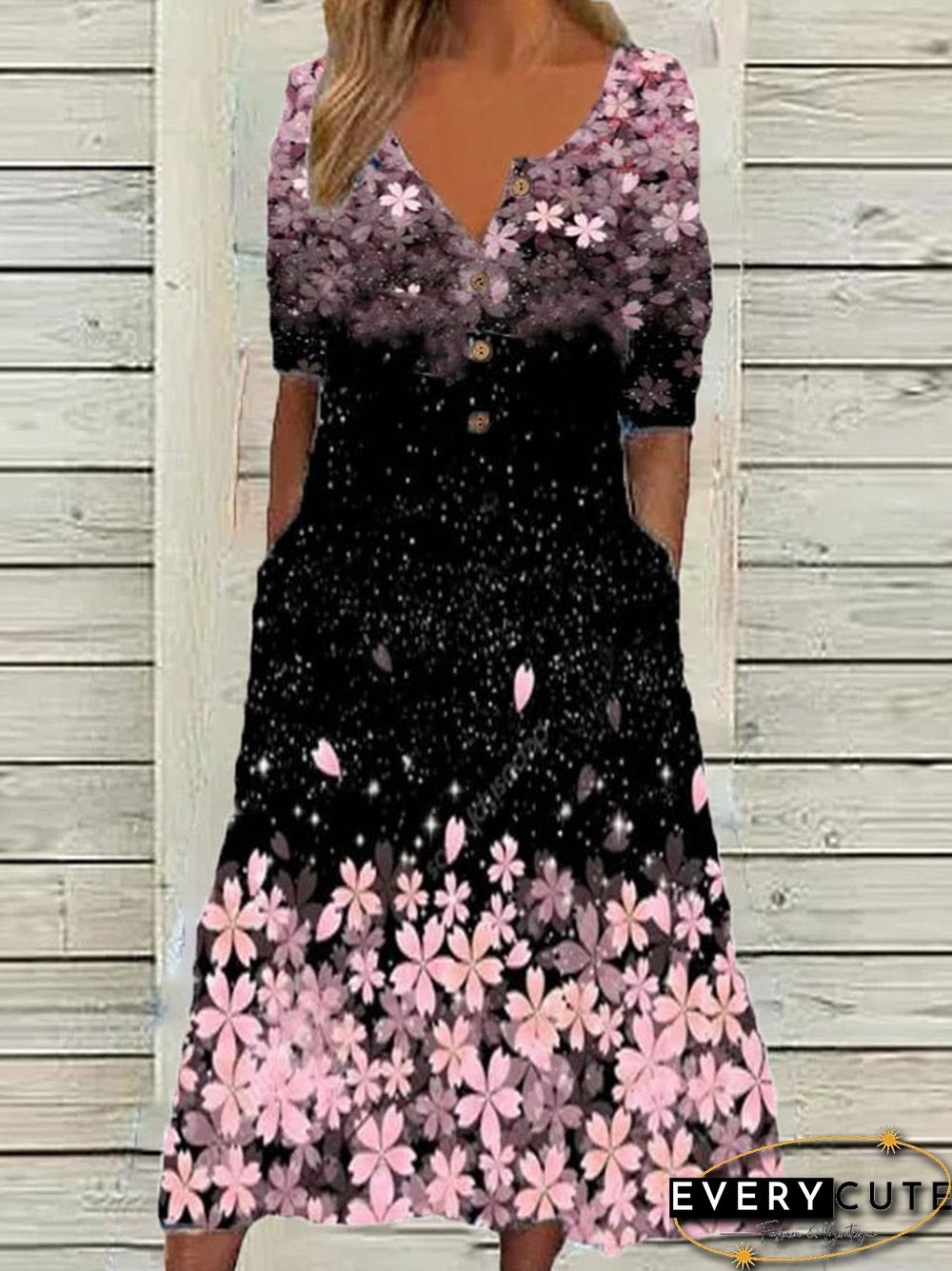 Women'S Dresses Printed V-Neck Button Pocket Short Sleeve Dress