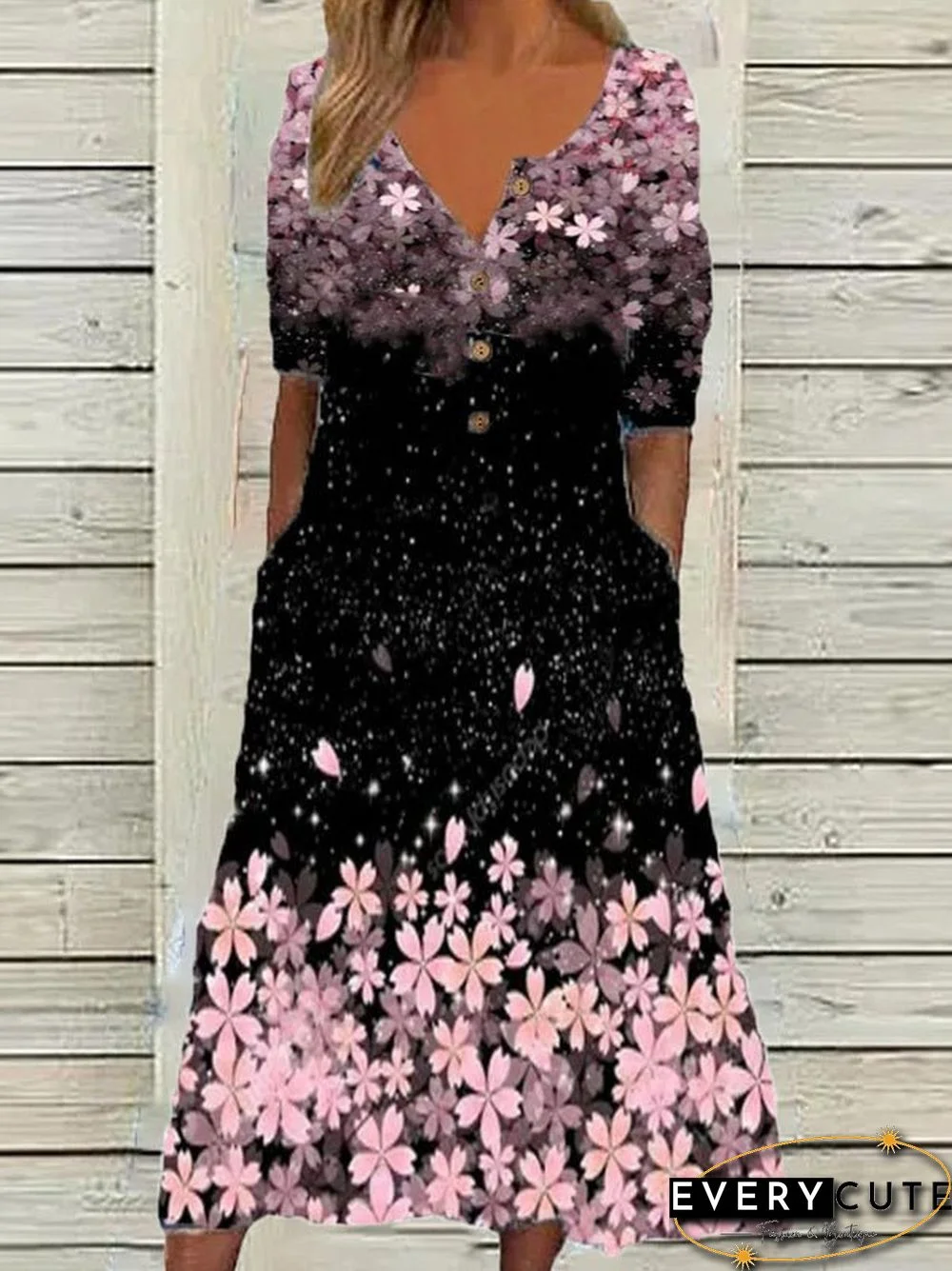 Women'S Dresses Printed V-Neck Button Pocket Short Sleeve Dress