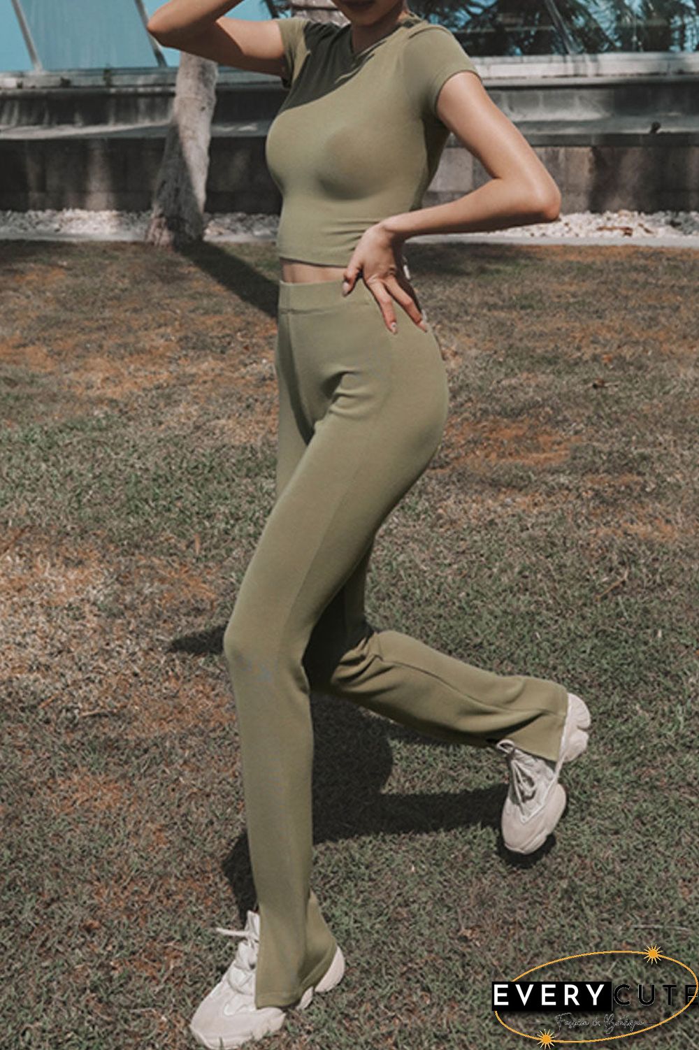 Fashion Sportswear Solid Backless O Neck Short Sleeve Two Pieces