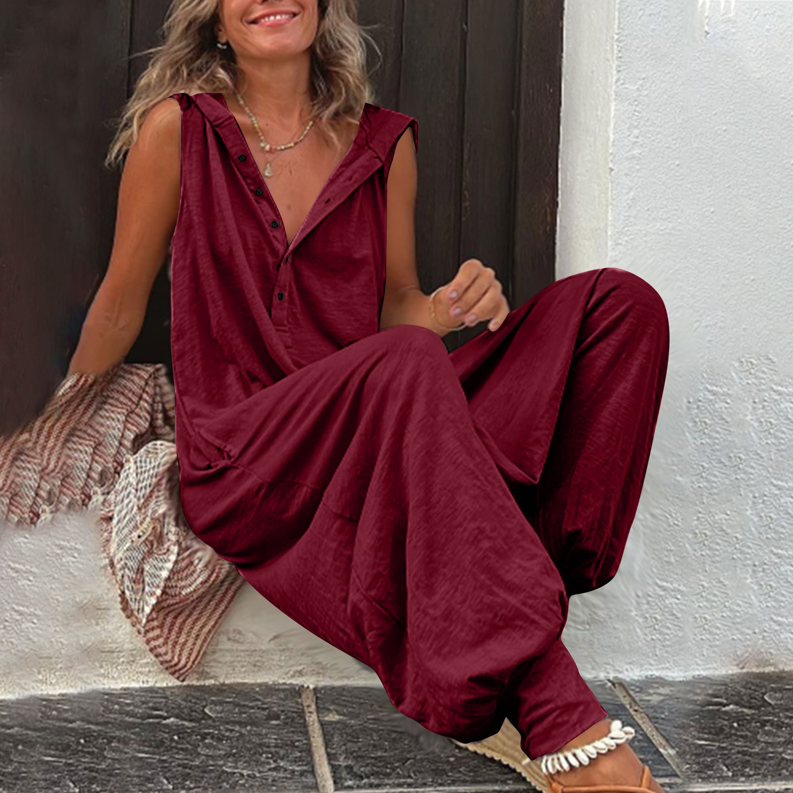 Personalized Button Hooded Sleeveless Jumpsuit
