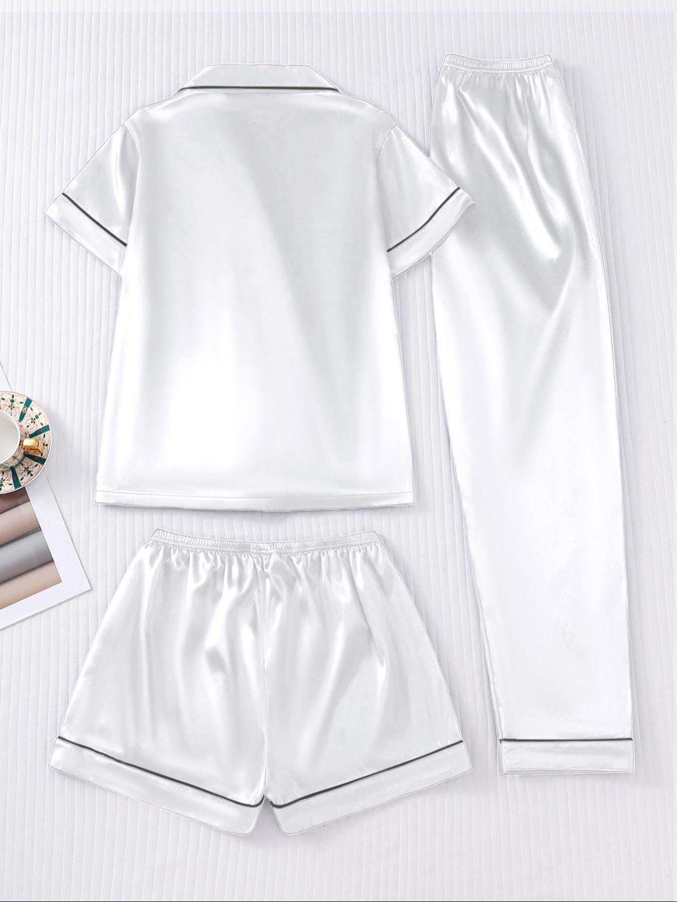 Women's Solid Satin Pyjama Three-piece Set, Elegant Comfy Short Sleeve Lapel Neck Button Up Top & Shorts & Pants PJ Set, Ladies Sleepwear for All Seasons