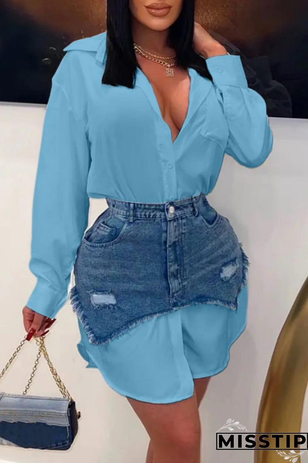 Black Casual Solid Ripped Turndown Collar Long Sleeve Two Pieces