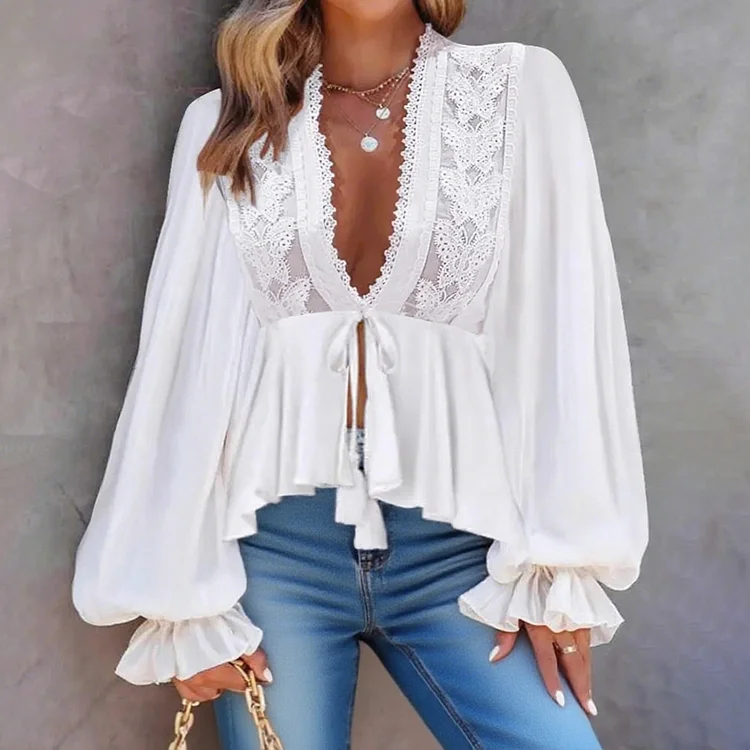 Everyday Lace Deep V Neck Lantern Sleeve Peplum Blouse