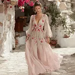 Women's Vintage Floral Art Linen Blend V-neck Dress - Image 2