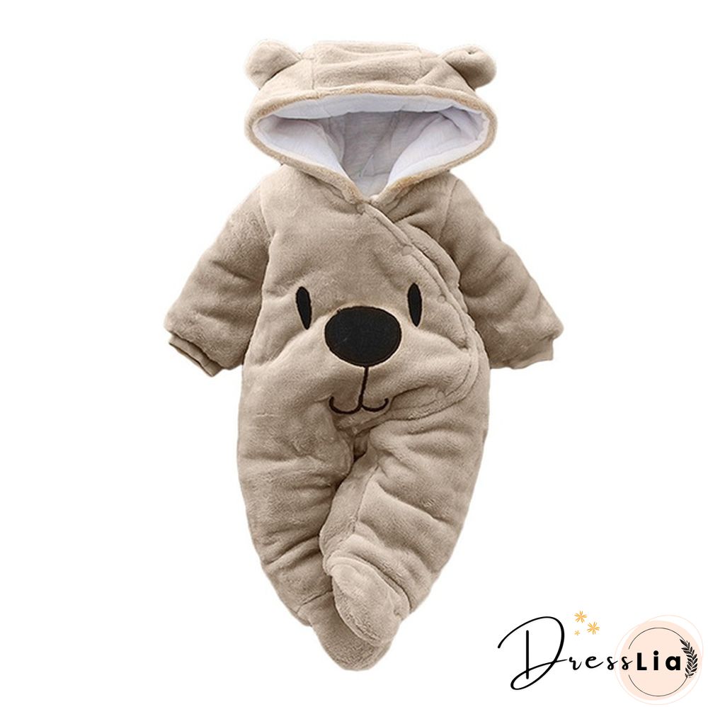 Newborn Baby Girl Boy Solid Color Cartoon Bear Velvet Hooded Jumpsuit Winter Warm Thick