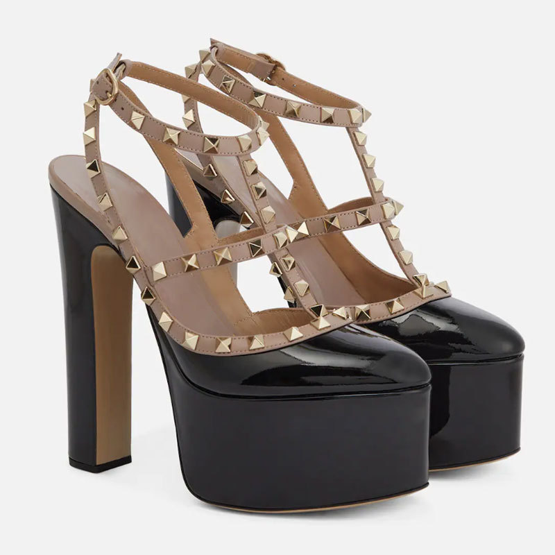150mm thick heel round toe rivet patent leather thick platform sandals-vocosishoes