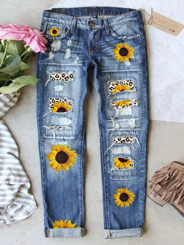 Sunflower floral relaxed straight fit ripped jeans