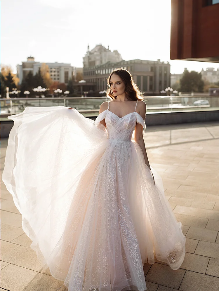 Off Shoulder Glitter Wedding Dress A Line Tulle Spaghetti Strap Bride Dresses