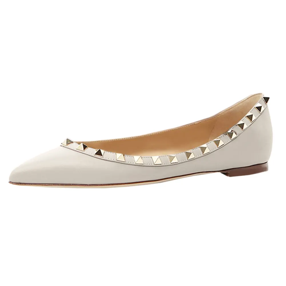 Pointed Toe Flats For Women Fashion Rivets Comfort Ballet White Matte Flats Shoes-vocosishoes