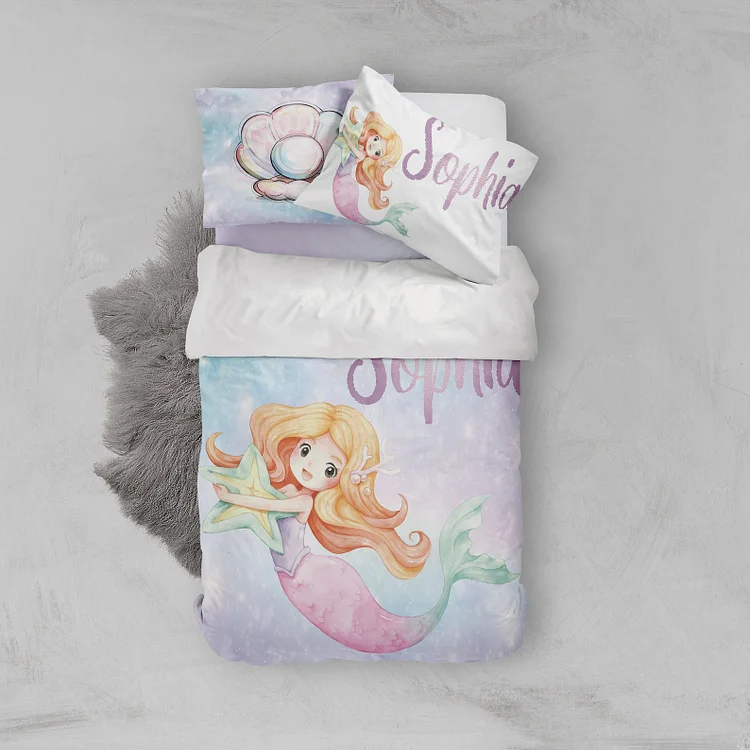 BlanketCute-Personalized Lovely Bedroom Mermaid Bedding Set with Your Kid's Name