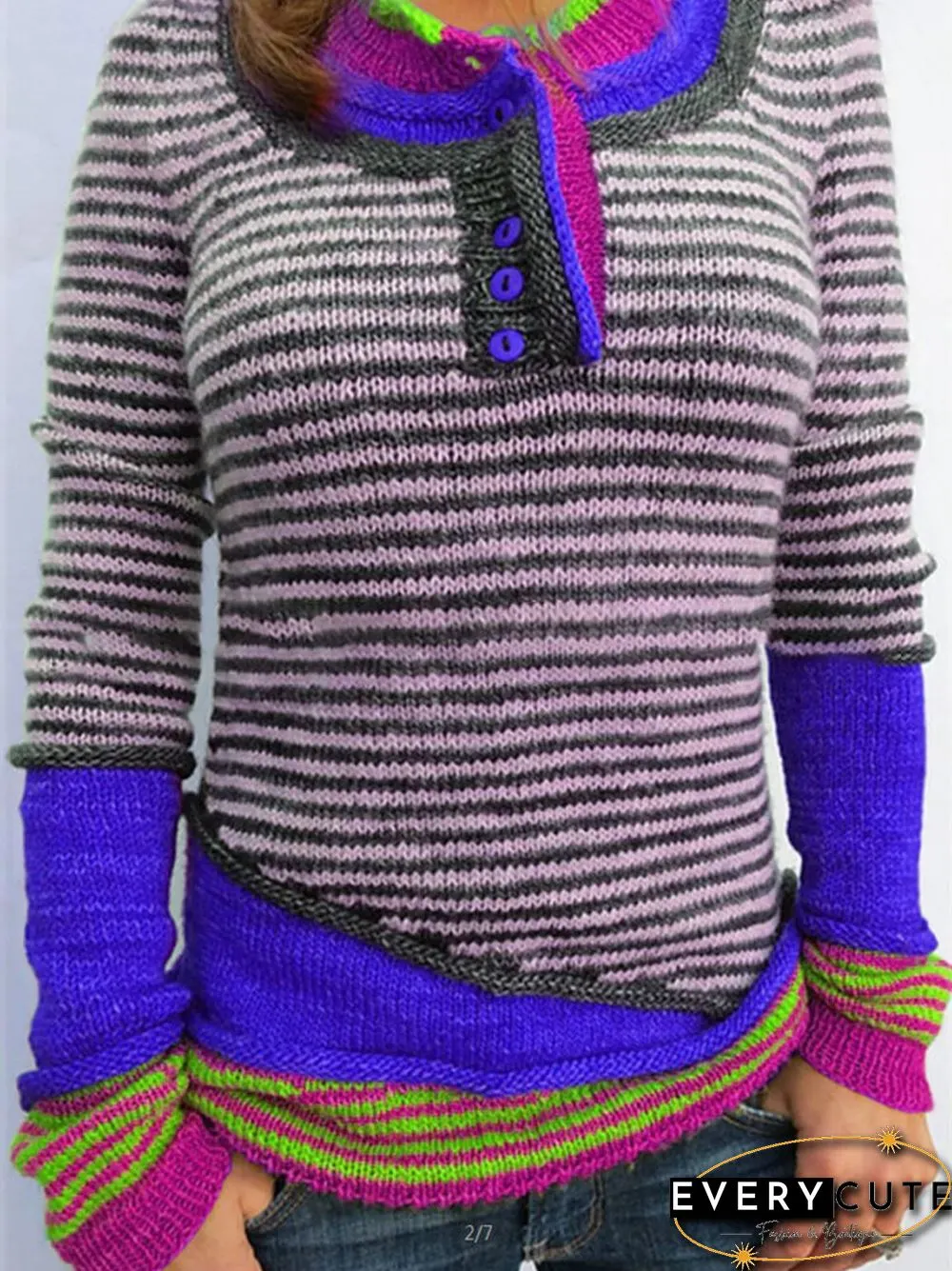 Stripe Long Sleeve Button Contrast Color Sweater for Women