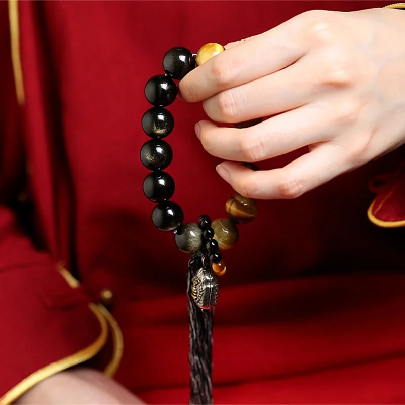 Natural Gold Sheen Obsidian Tiger Eye Wealth Tassel Bracelet