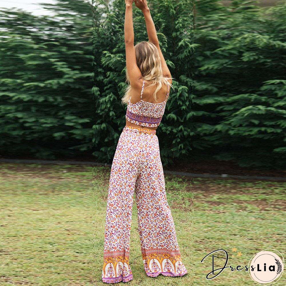 Purple Floral Crop Top and Pants Matching Sets