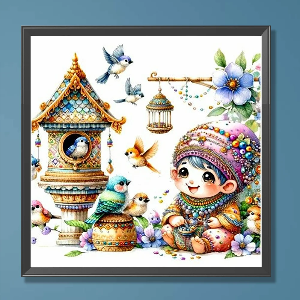 Diamond Painting - Full Round Drill - Cute Gnome Bird Nest(Canvas|30*30cm)