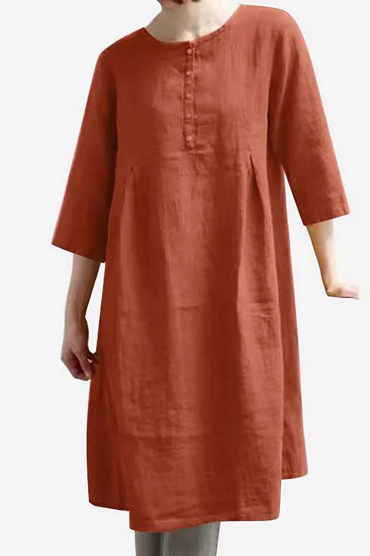 Linen Three Quarter Sleeve Button Up Round Neck Casual Midi Dress