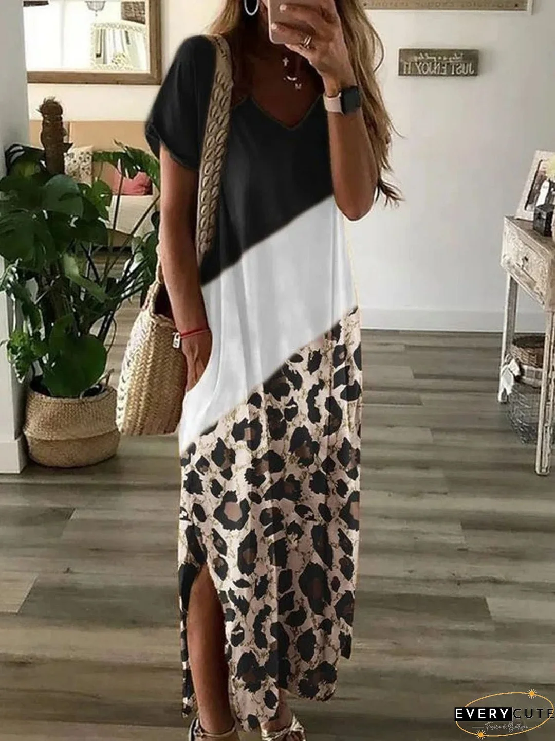 Dresses Casual Leopard Print Slit Short Sleeve Dress for Women