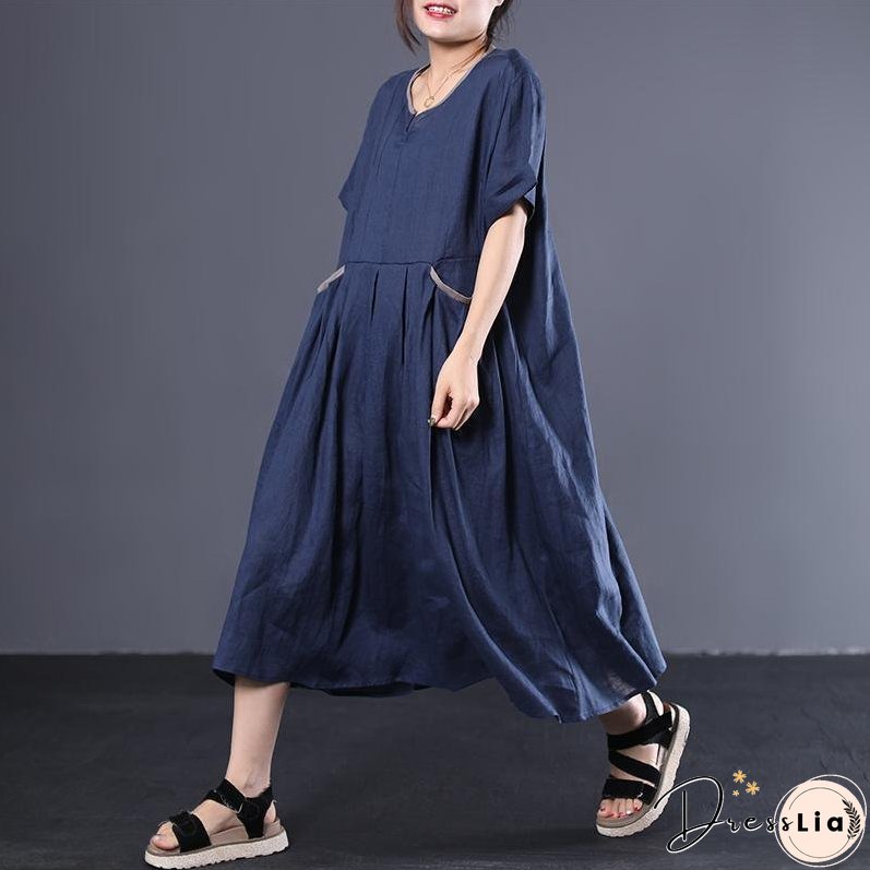 V-Neck Pleated Solid Color Loose Dress