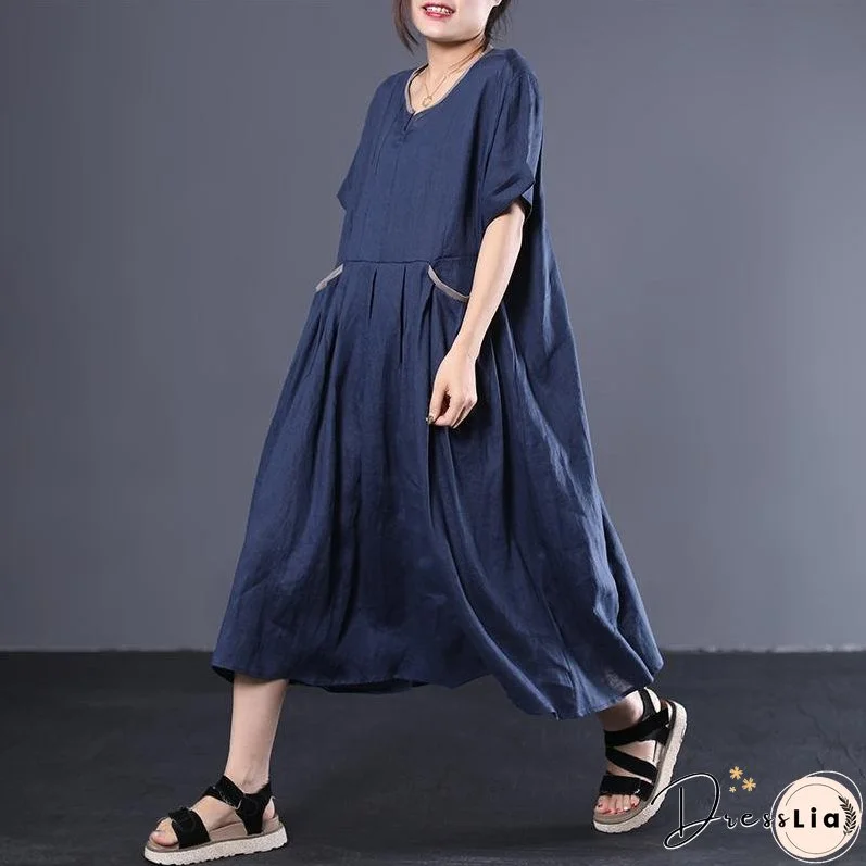 V-Neck Pleated Solid Color Loose Dress