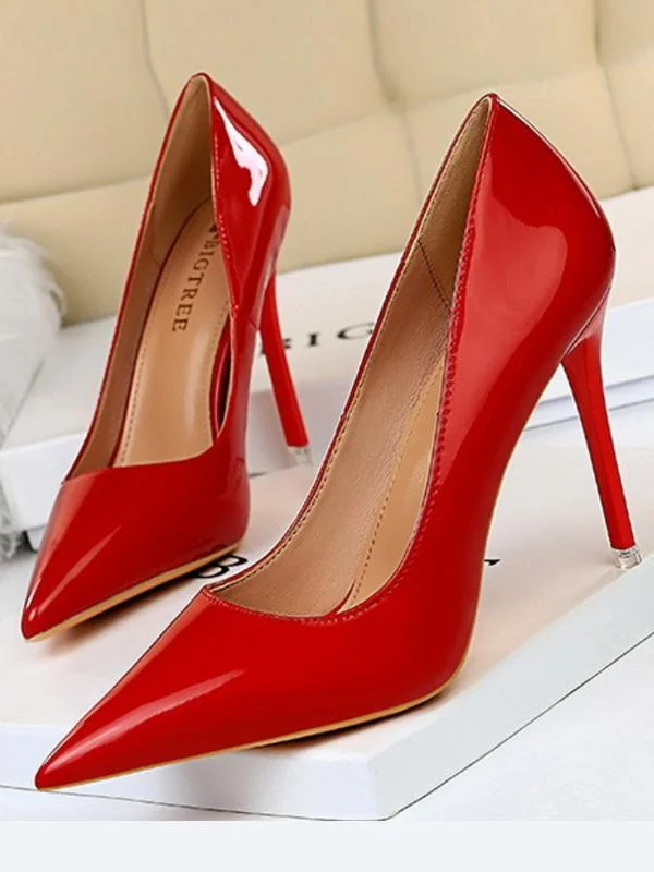 Fashion stiletto shiny patent leather shallow pointy sexy single shoes