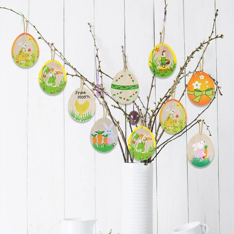 10pcs Wooden Easter Egg Wood Slices Pendant Ornaments Wedding Party Decoration Graffiti Egg Craft Hanging Kids Gift Easter Party